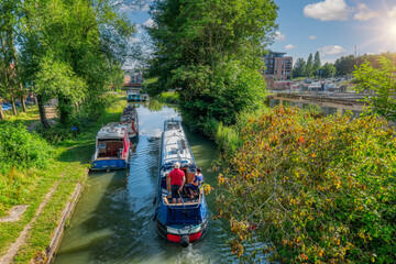 UK, Bedford, old river channel boats sailing upstream