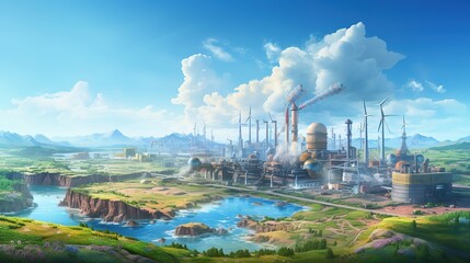 Naklejka premium electricity generating plants. long-term generations. combination of grid lines, battery storage, geothermal energy, solar, wind, nuclear, coal, gas. Resources for renewable pollution. generative ai