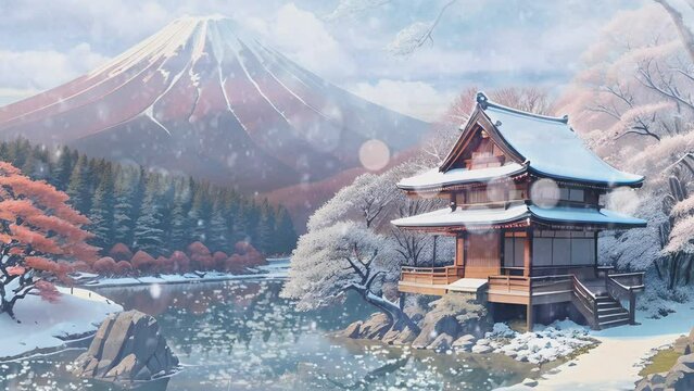 winter scenery in Asian countries, such as Japan, Korea and China. Cartoon or anime illustration style. seamless looping 4K time-lapse virtual video animation background.