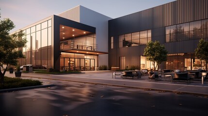 Modern Office Building Exterior: A contemporary office building with sleek, angular lines and large windows exudes a sense of professionalism and innovation.