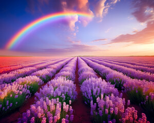 Obraz premium Rainbow over a colorful field full of purple and blue flowers at sunset.