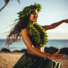 lifestyle photo women hula dancers in hawaii on beach - obrazy, fototapety, plakaty
