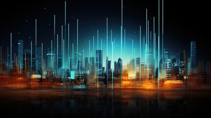 Fototapeta premium Cyber Cityscape: A futuristic cityscape awash in a vibrant symphony of blue and orange, with glowing neon lines emanating from the skyscrapers.
