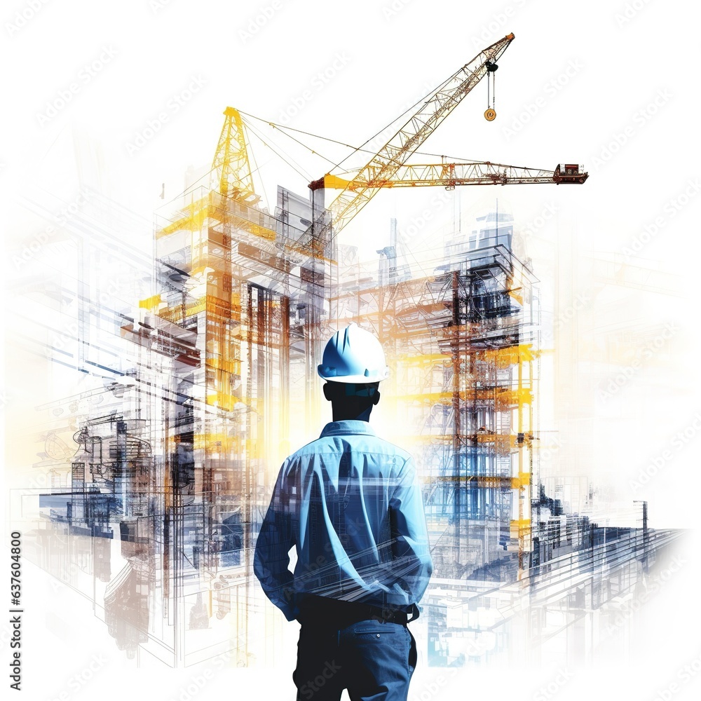 Wall mural Construction engineering project devotion with double exposure graphic design. Building engineer, architect people or construction worker working with modern civil equipment technology. generative ai