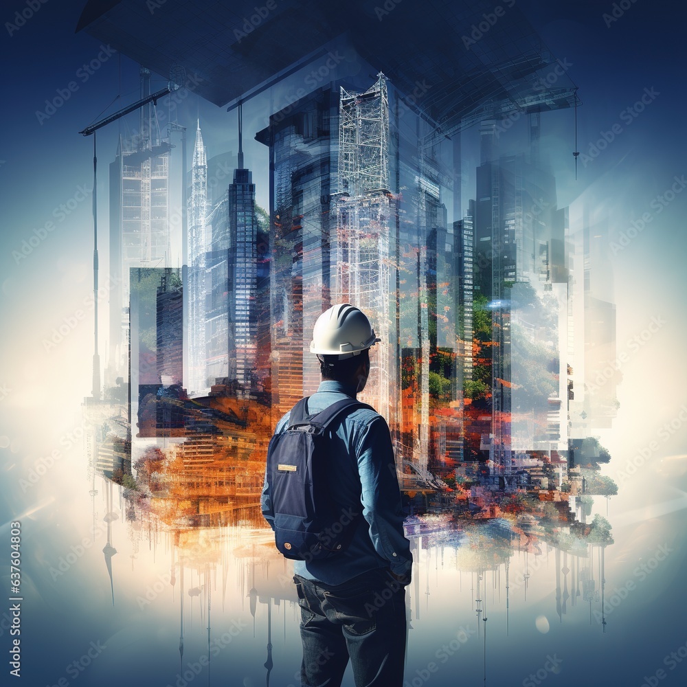Poster building construction engineering project with double exposure graphic design. building engineers, a