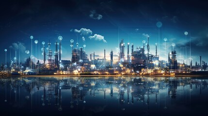 Fototapeta premium Smart Industry at Night: A futuristic cityscape of interconnected industrial plants and factories reflected in tranquil water under a twilight sky.