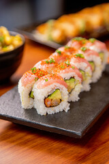closeup of prawn sushi with togarashi