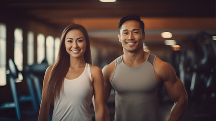 Asian Woman and man fitness trainers smile and look at the camera on the background of the gym....