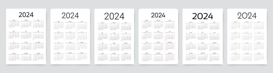 Calendar 2024 year. Pocket calender templates. Yearly organizer with 12 month. Scheduler layout in English. Set of desk planners. Portrait orientation. Vector illustration. Paper size A4 Simple design