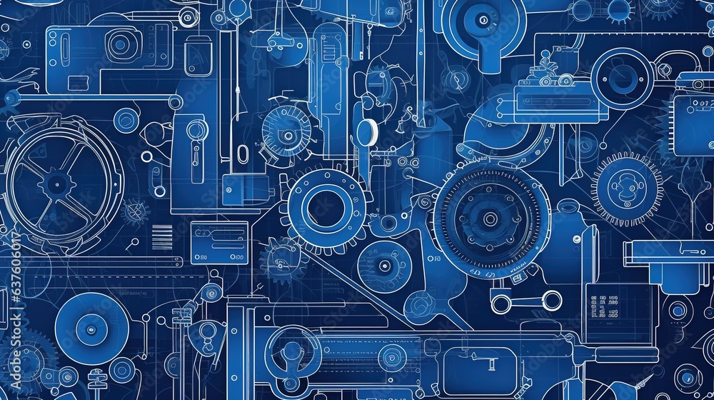 Poster blueprint of innovation: a detailed, intricate blueprint illustration showcases a complex array of m