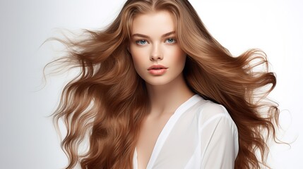 Obraz premium Radiant Woman with Flowing Hair: A captivating portrait of a woman with flowing, reddish-brown hair, exuding beauty and grace, enhanced by soft lighting and subtle makeup.