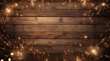 AI generated, Frame made of lights bokeh flares and sparkler isolated on rustic brown wooden wood table texture, top view with space for text.