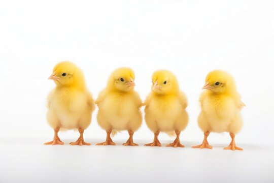 Four yellow chicks standing in a row on a white background, created by Generative AI