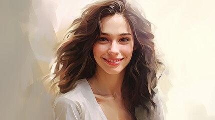 Fototapeta premium Smiling Woman in Soft Light: A young woman with a radiant smile and flowing brown hair bathed in soft, ethereal light. The image evokes a sense of joy, serenity, and feminine beauty.
