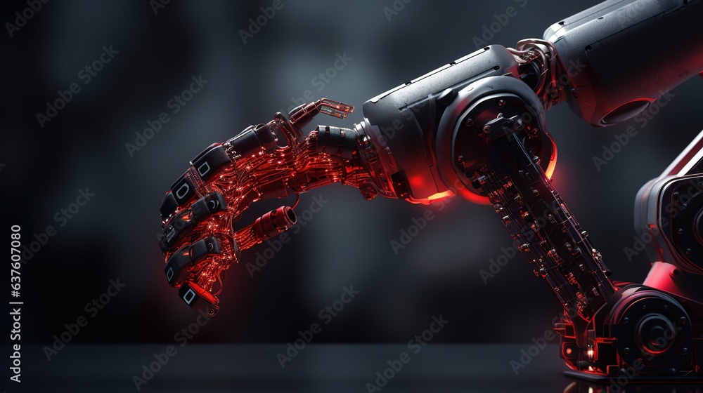 Poster the machine reaches: a robotic hand with glowing red circuitry extends in a gesture of offering, evo