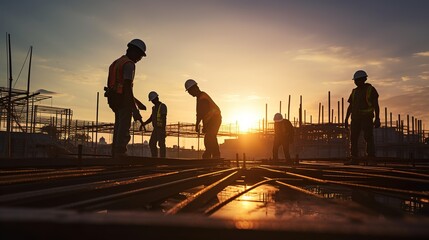 Fototapeta premium Silhouette of Engineer and worker on building site, construction site at sunset. generative ai