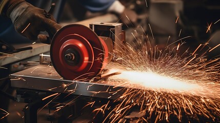 Sparks Fly: Close-up of a worker's hand using an angle grinder to cut metal, creating a dramatic display of sparks. The image embodies precision, craftsmanship, and industrial strength. 