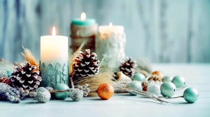 Obraz na płótnie Canvas Pastel festive Christmas and Advent decoration with burning candle