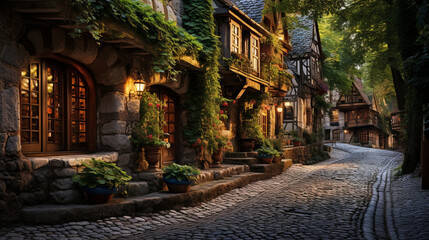 Fototapeta na wymiar A cobblestone street winding through an ancient French village 