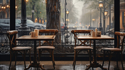 A solitary café table with a checkered tablecloth under the Parisian rain 
