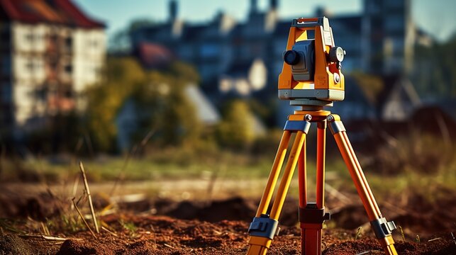 Surveyor's Theodolite: A precise theodolite sits on a tripod against a backdrop of a residential area, ready to perform accurate land surveying measurements.  The sun casts a warm glow on the scene.