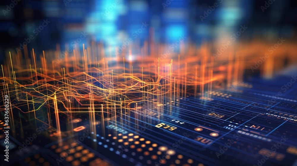 Poster digital flux: abstract visualization of data streams and connections, vibrant orange and blue hues f