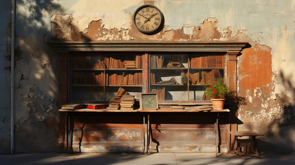 Time-worn bookshop façade, shadows playing on its weathered sign  - obrazy, fototapety, plakaty