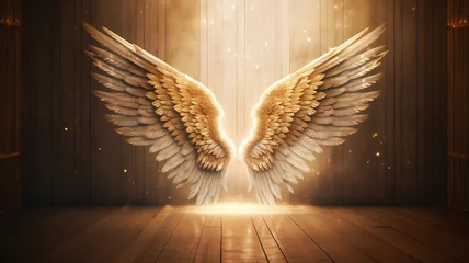 Fotobehang A pair of gold angel wings in a photography studio backdrop. Potential graphic resource for use by photographers. © Daniel L