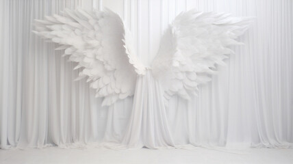 A pair of white, angel wings in a photography studio backdrop. Potential graphic resource for use by photographers.