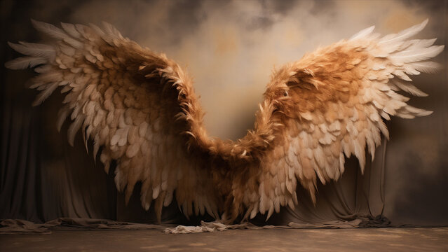 A pair of gold angel wings in a photography studio backdrop. Potential graphic resource for use by photographers.
