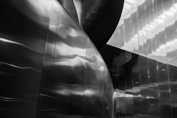 Black and white tone, Close up detail at shining metal railing of curvature spiral staircase....
