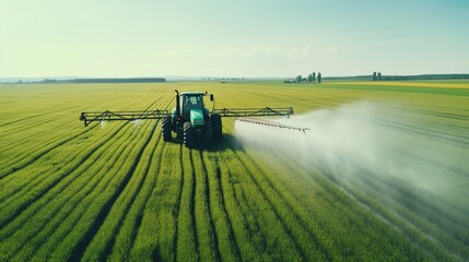 Tractor spreading potash fertilizer on green wheat field. Agriculture vehicle spraying field. Tractor spray fertilizers on green field, agriculture. Farmer spreading potash fertilizers. generative ai - obrazy, fototapety, plakaty