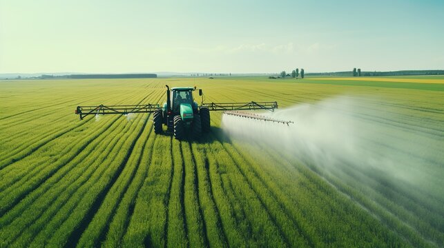 Tractor spreading potash fertilizer on green wheat field. Agriculture vehicle spraying field. Tractor spray fertilizers on green field, agriculture. Farmer spreading potash fertilizers. generative ai