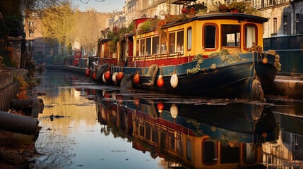 Fototapeta na wymiar Reflections of a barge gliding along the Canal Saint-Martin 