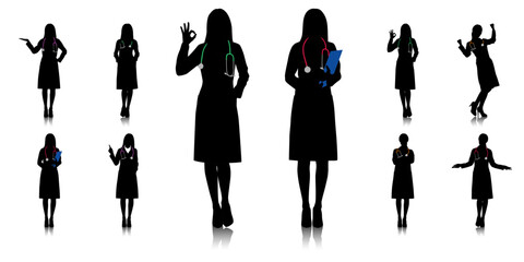 Silhouette of female healthcare worker. Happy smiling doctor with a stethoscope. A doctor in a white coat poses. Different color options. Vector flat style illustration set isolated on white