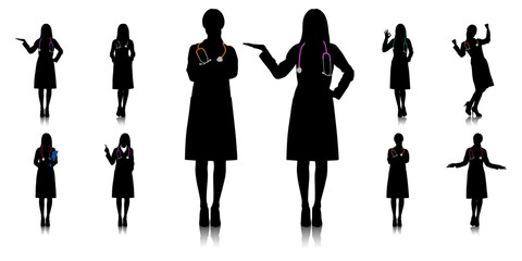 Silhouette of female healthcare worker. Happy smiling doctor with a stethoscope. A doctor in a white coat poses. Different color options. Vector flat style illustration set isolated on white
