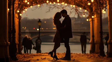 Selbstklebende Fototapeten Lovers sharing a kiss under the arches of Pont des Arts  © Kateryna Arkhypova