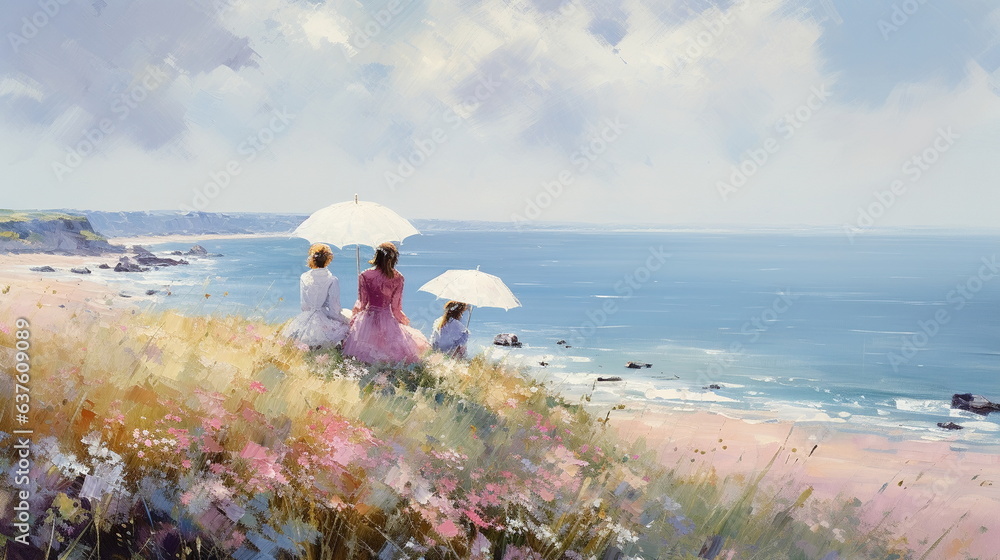 Wall mural romantic woman on wild beach ,sea water on horizon, wild flowers on field ,impressionist  style art paint