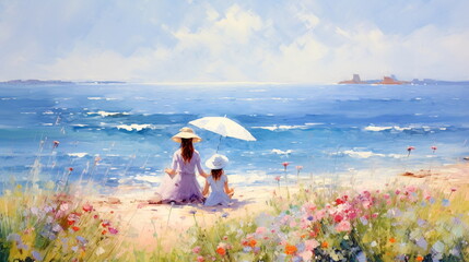 romantic woman on wild beach ,sea water on horizon, wild flowers on field ,impressionist  style art paint