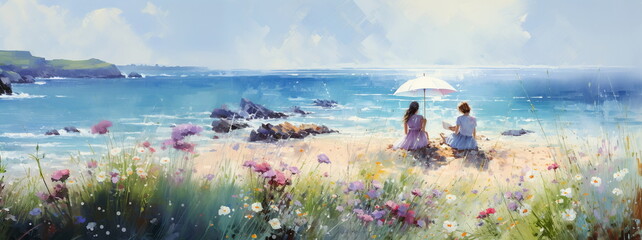 romantic woman on wild beach ,sea water on horizon, wild flowers on field ,impressionist  style art paint - 637609093