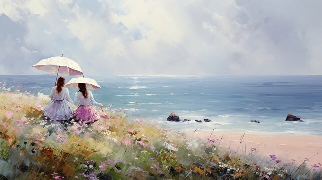 romantic woman on wild beach ,sea water on horizon, wild flowers on field ,impressionist  style art paint