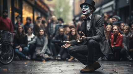 A lone street performer entertaining a small crowd with mime 