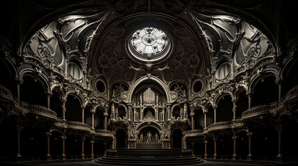 Fototapeta premium The ornate ceiling of an opulent opera house, captured in monochrome 