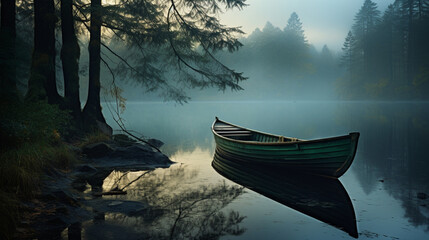 A solitary rowboat moored along a mist-covered lakeshore