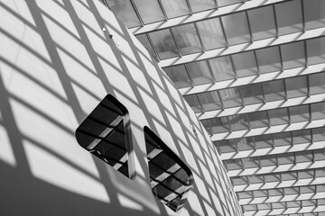 modern Black and white tone, strong shade and shadow by sunlight pass through rectangular skylight on curvature white wall and abstract shape windows.office building with windows - Powered by Adobe