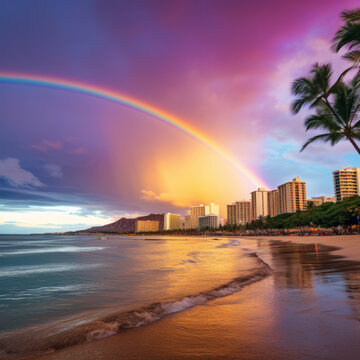 lifestyle photo rainbow over honolulu on oahu