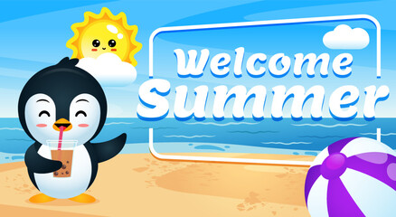 Happy Cute Penguin Drink Ice Bubble Tea With Summer Greeting Banner
