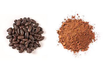  Top view of Cocoa beans with cocoa powder isolated on white background.