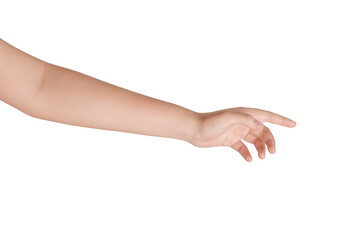 Fototapeta premium Woman hand gesturing on white background.