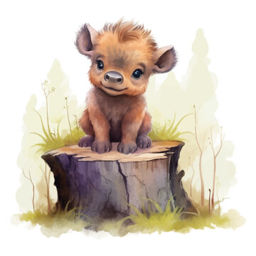 Cute Little Buffalo Cartoon On Stump Tree With Watercolor Painting Style